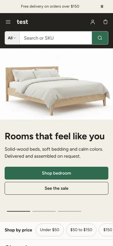 Dwelling preset of the Manifest theme on a phone: a dark header with a full-width search field and a green button, above a photo of an oak bed.