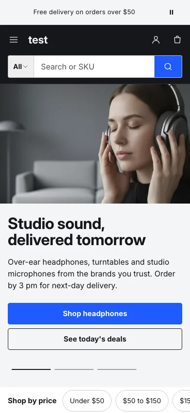 Manifest preset of the Manifest theme on a phone: a charcoal header with a full-width search field and a blue button, above a photo of a woman wearing headphones.