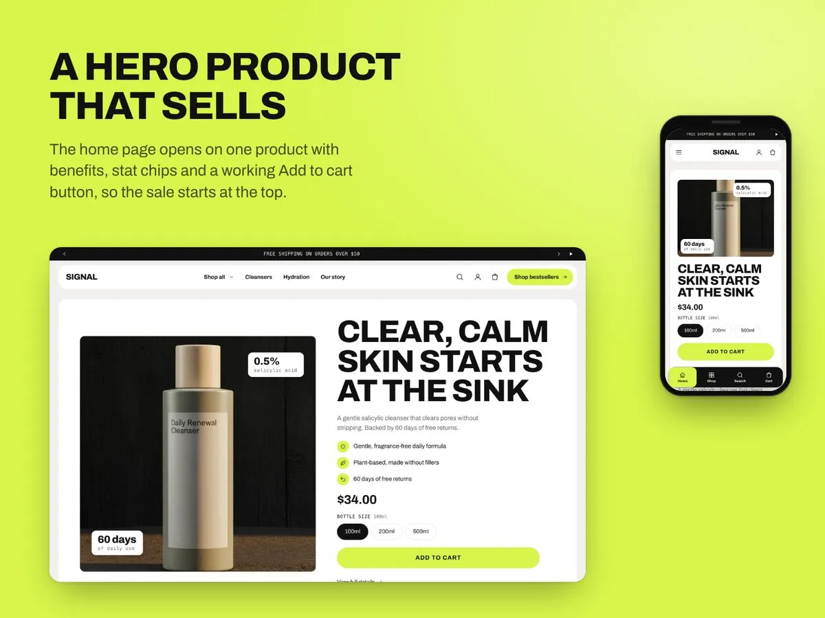Signal home page with a hero product panel: cleanser photo, stat chips, benefit bullets, size picker and an Add to cart button.
