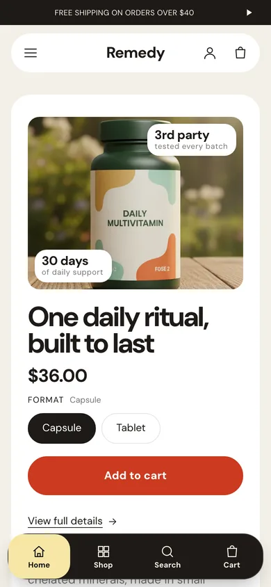 Remedy preset of the Signal theme on a phone: a hero product panel with a multivitamin bottle photo, and a black bottom dock with a butter yellow Home tab.