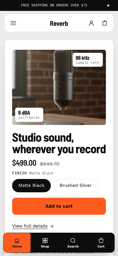 Reverb preset of the Signal theme on a phone: a hero product panel with a studio microphone photo and two spec chips, and a black bottom dock with an orange Home tab.