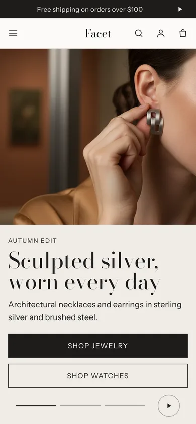 Facet preset of the Tessera theme on a phone: a split slide with a close portrait of a woman touching a silver earring and the heading Sculpted silver, worn every day.