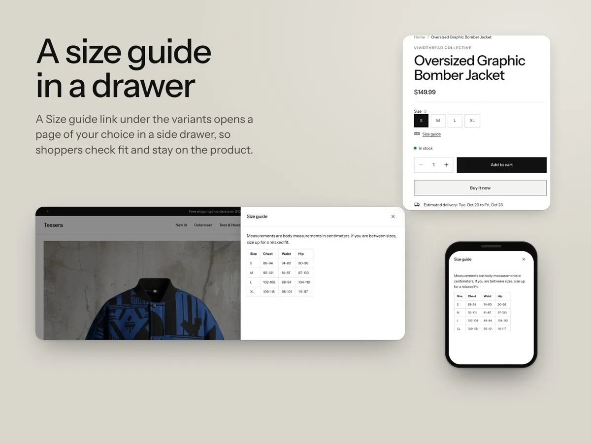 Tessera product page with a Size guide drawer open beside the buy box, on desktop and phone.