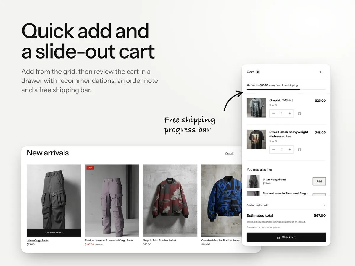 Tessera new arrivals row with a quick add bar, and the cart drawer open with a free shipping progress bar.