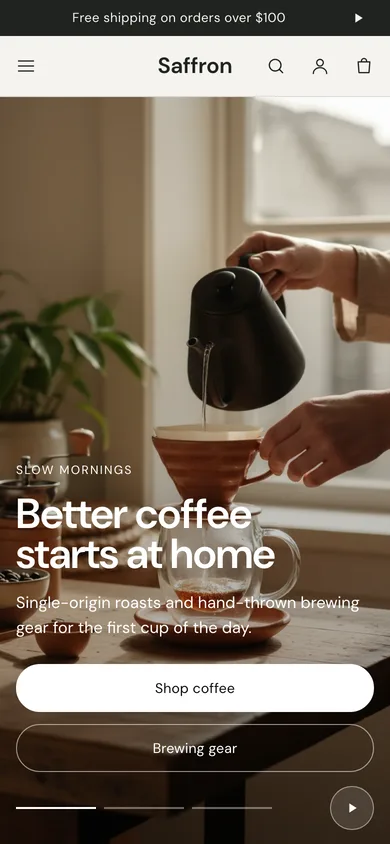 Saffron preset of the Tessera theme on a phone: coffee being poured over a ceramic dripper with the heading Better coffee starts at home.